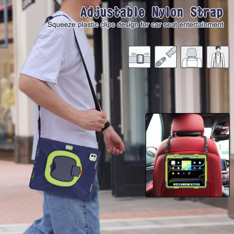For iPad Pro 13 2024 Silicone Hybrid PC Tablet Case with Holder & Shoulder Strap(Navy Blue Lime)