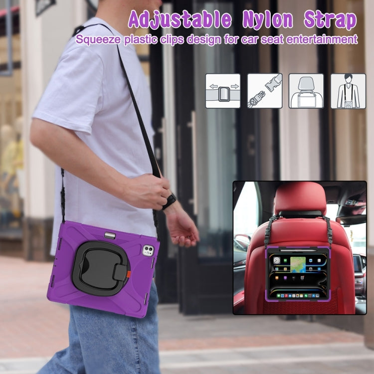 For iPad Pro 13 2024 Silicone Hybrid PC Tablet Case with Holder & Shoulder Strap(Purple)