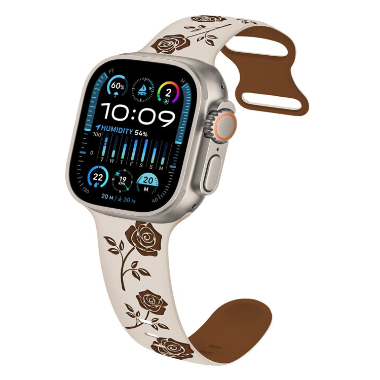 For Apple Watch Ultra 2 49mm Two-color Rose Engraved Silicone Watch Band(Starlight Caramel)