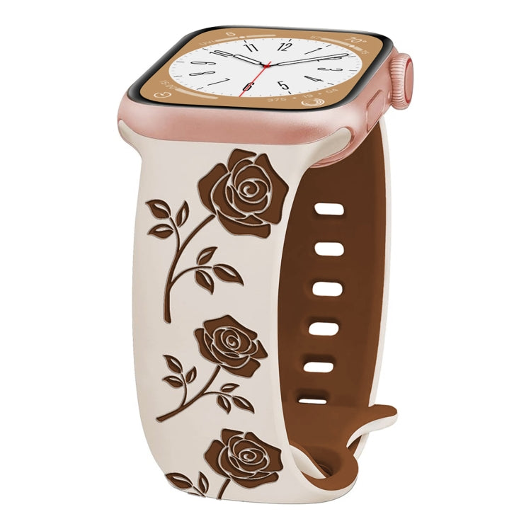 For Apple Watch Series 8 41mm Two-color Rose Engraved Silicone Watch Band(Starlight Caramel)