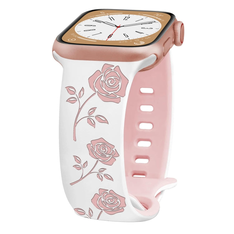 For Apple Watch SE 40mm Two-color Rose Engraved Silicone Watch Band(White Pink)
