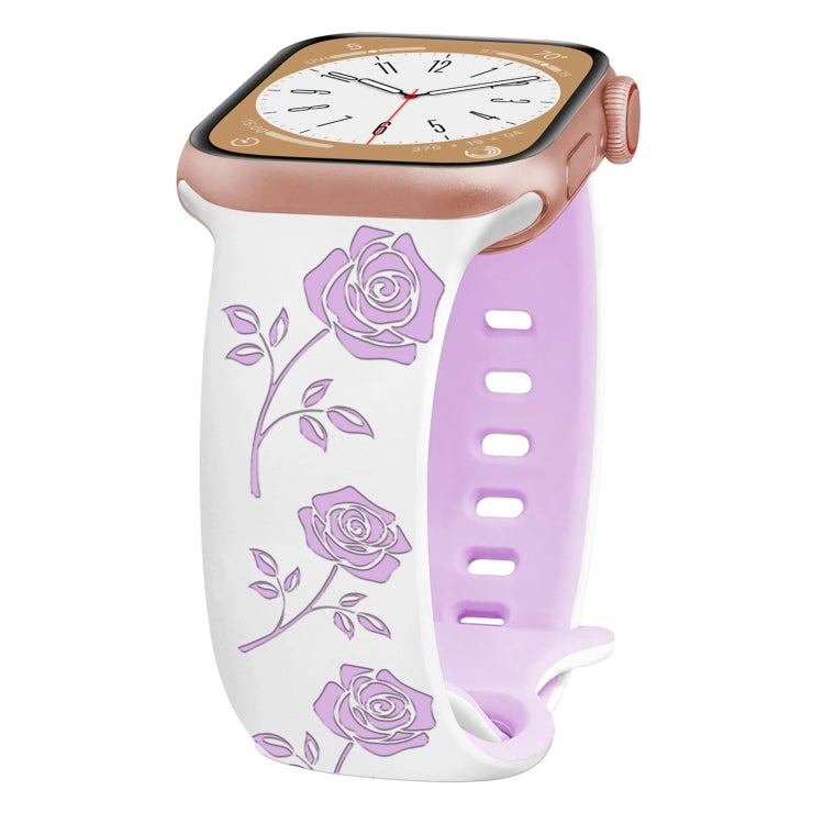 For Apple Watch Series 6 44mm Two-color Rose Engraved Silicone Watch Band(White Purple)