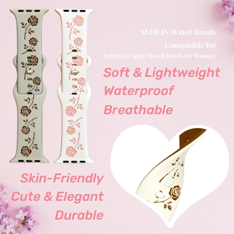 For Apple Watch Series 9 41mm Two-color Rose Engraved Silicone Watch Band(Starlight Caramel)