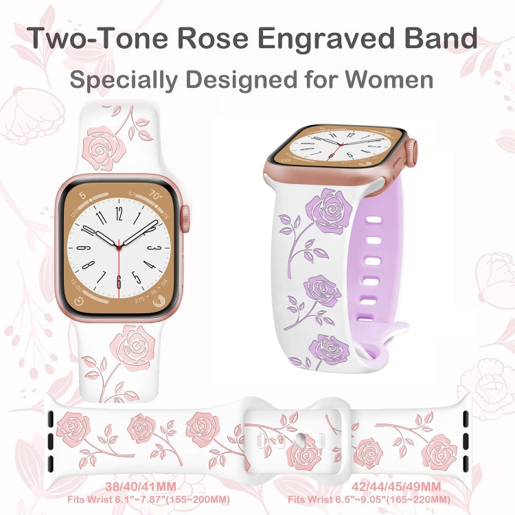 For Apple Watch SE 44mm Two-color Rose Engraved Silicone Watch Band(White Purple)