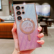 For Samsung Galaxy S25 Ultra 5G Dual-Love Leaves Gradient Glitter MagSafe TPU Phone Case(Pink)