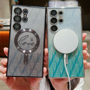 For Samsung Galaxy S25 5G Dual-Love Leaves Gradient Glitter MagSafe TPU Phone Case(Blue)