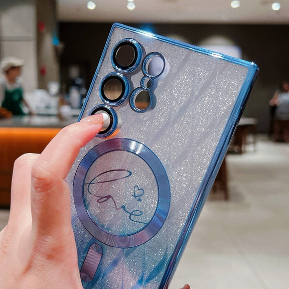 For Samsung Galaxy S25 5G Dual-Love Leaves Gradient Glitter MagSafe TPU Phone Case(Blue)