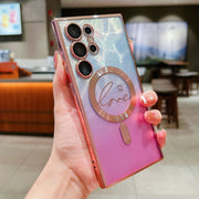 For Samsung Galaxy S25 Ultra 5G Dual-Love Feather Gradient Glitter MagSafe TPU Phone Case(Pink)