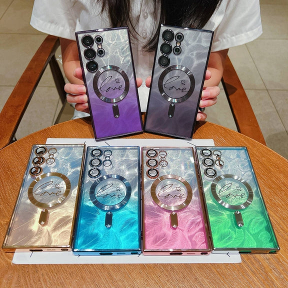 For Samsung Galaxy S25 5G Dual-Love Feather Gradient Glitter MagSafe TPU Phone Case(Gold)