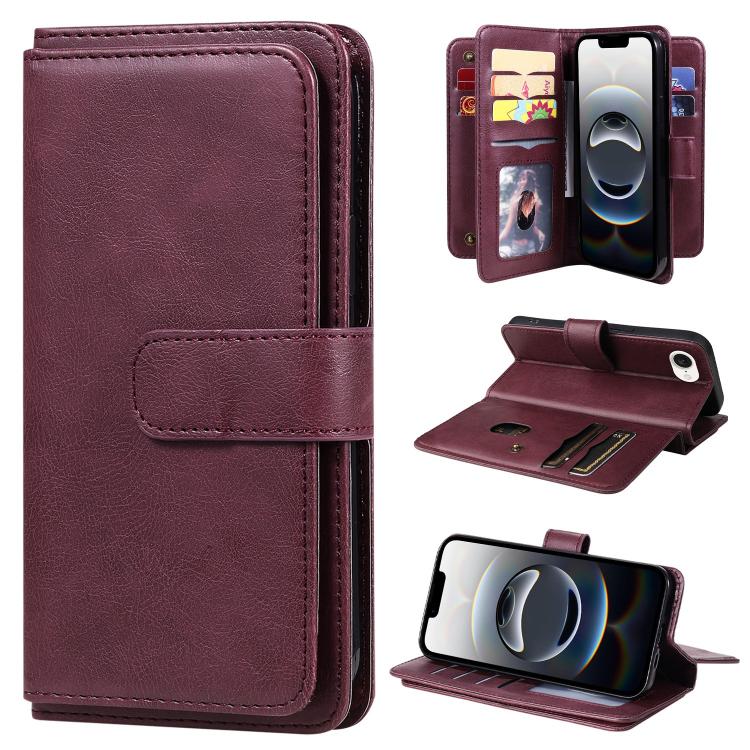 For iPhone 16e Multi-Function Wallet 10 Card Slots Leather Phone Case(Claret)