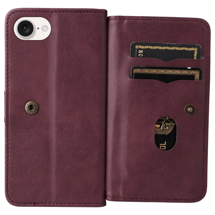 For iPhone 16e Multi-Function Wallet 10 Card Slots Leather Phone Case(Claret)