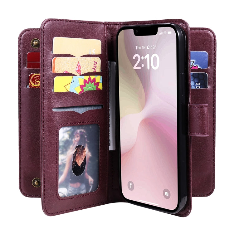 For iPhone 16e Multi-Function Wallet 10 Card Slots Leather Phone Case(Claret)