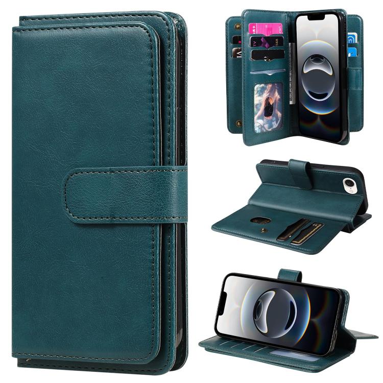 For iPhone 16e Multi-Function Wallet 10 Card Slots Leather Phone Case(Dark Green)