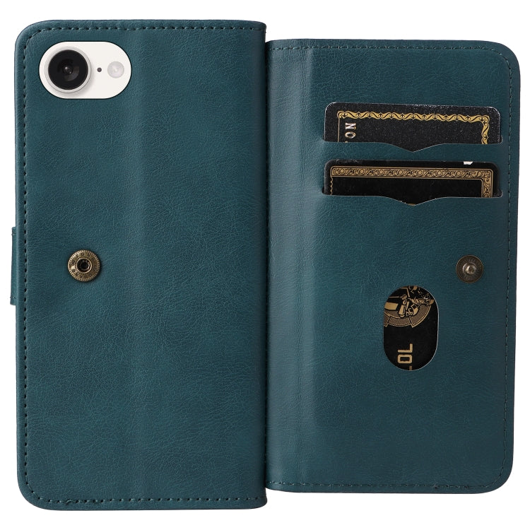 For iPhone 16e Multi-Function Wallet 10 Card Slots Leather Phone Case(Dark Green)