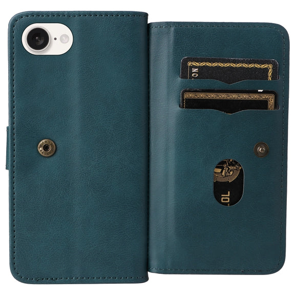 For iPhone 16e Multi-Function Wallet 10 Card Slots Leather Phone Case(Dark Green)