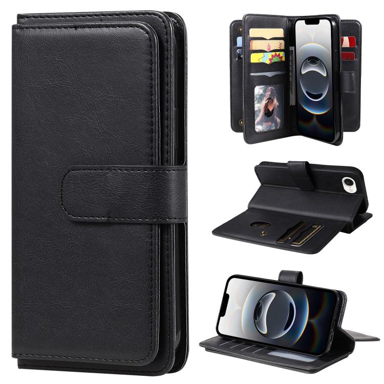 For iPhone 16e Multi-Function Wallet 10 Card Slots Leather Phone Case(Black)