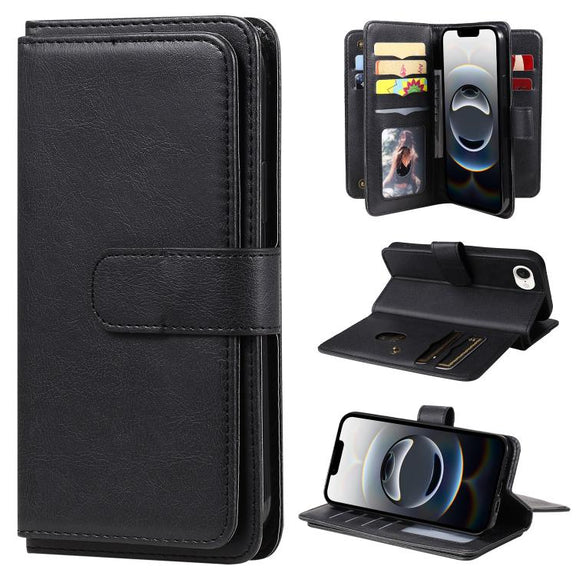 For iPhone 16e Multi-Function Wallet 10 Card Slots Leather Phone Case(Black)