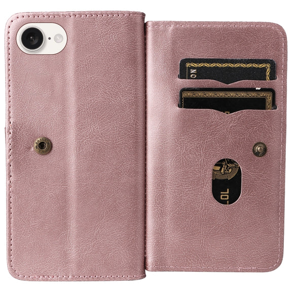 For iPhone 16e Multi-Function Wallet 10 Card Slots Leather Phone Case(Rose Gold)