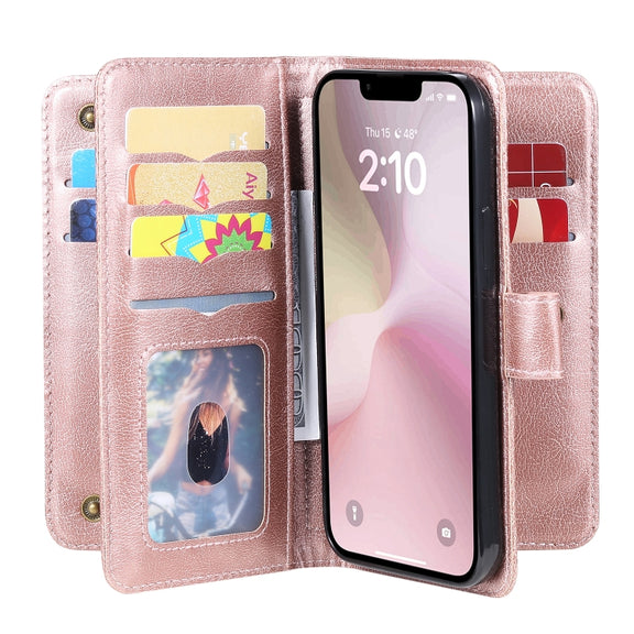 For iPhone 16e Multi-Function Wallet 10 Card Slots Leather Phone Case(Rose Gold)