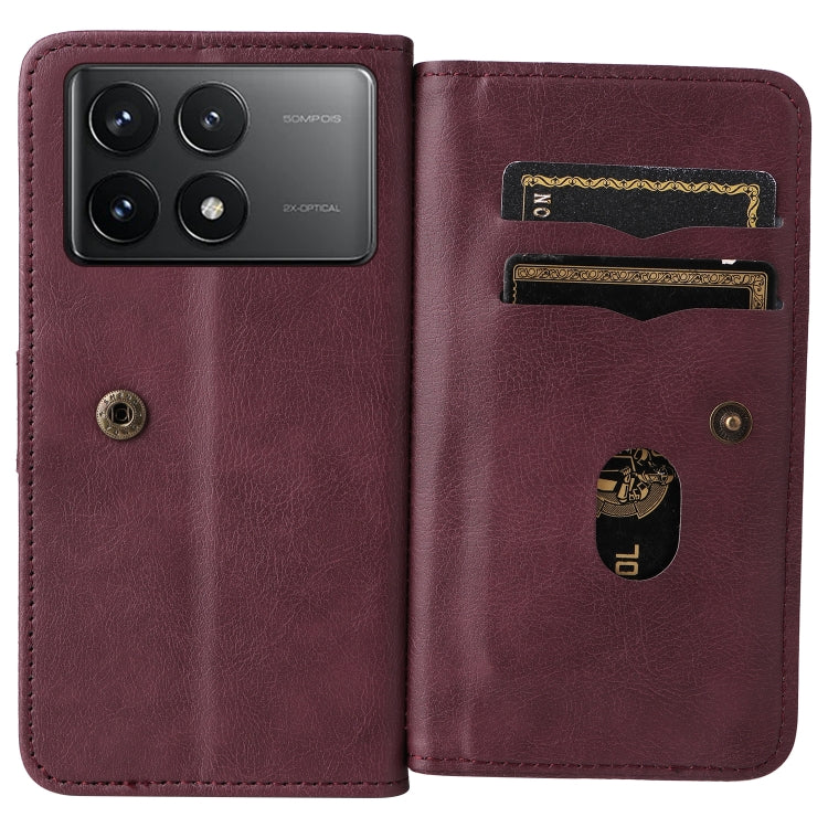 For Redmi K70 Multi-Function Wallet 10 Card Slots Leather Phone Case(Claret)