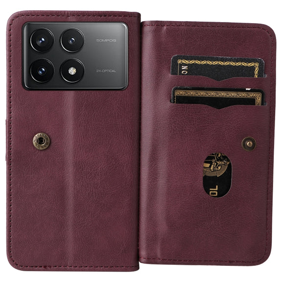 For Redmi K70 Multi-Function Wallet 10 Card Slots Leather Phone Case(Claret)