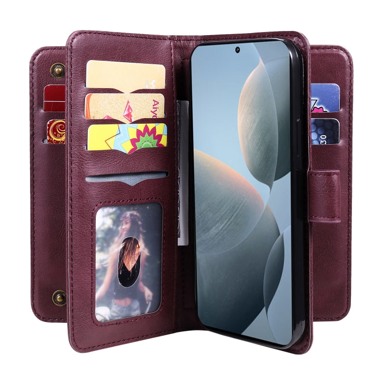For Redmi K70 Multi-Function Wallet 10 Card Slots Leather Phone Case(Claret)