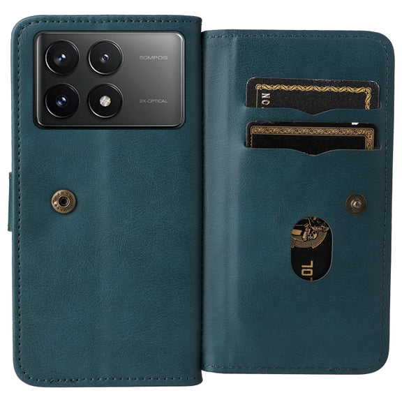 For Redmi K70 Multi-Function Wallet 10 Card Slots Leather Phone Case(Dark Green)