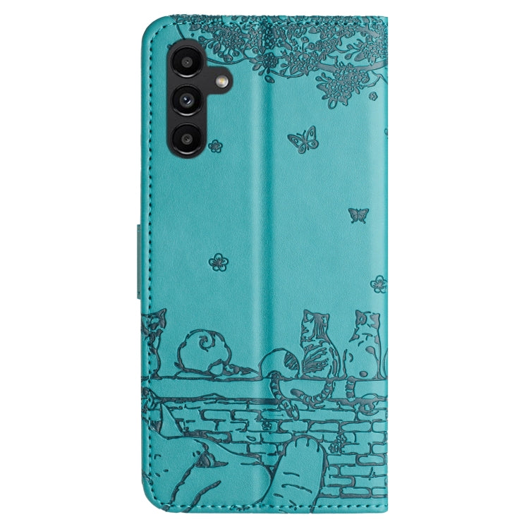 For Samsung Galaxy S25 5G Cat Embossing Pattern Leather Phone Case with Lanyard(Blue)
