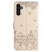 For Samsung Galaxy S25 5G Cat Embossing Pattern Leather Phone Case with Lanyard(Beige)
