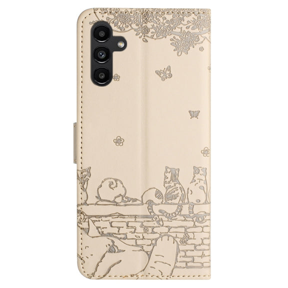 For Samsung Galaxy S25 5G Cat Embossing Pattern Leather Phone Case with Lanyard(Beige)