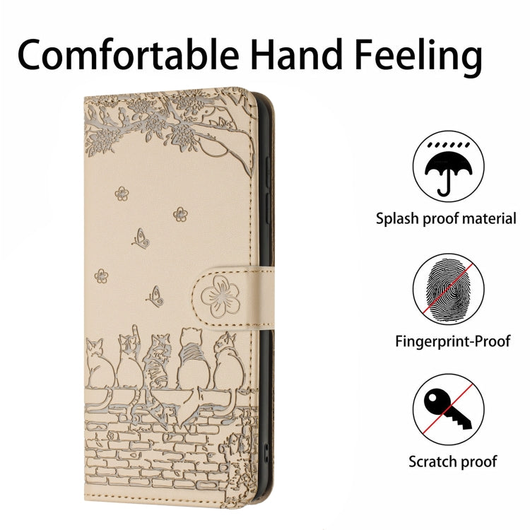 For Samsung Galaxy S25 5G Cat Embossing Pattern Leather Phone Case with Lanyard(Beige)