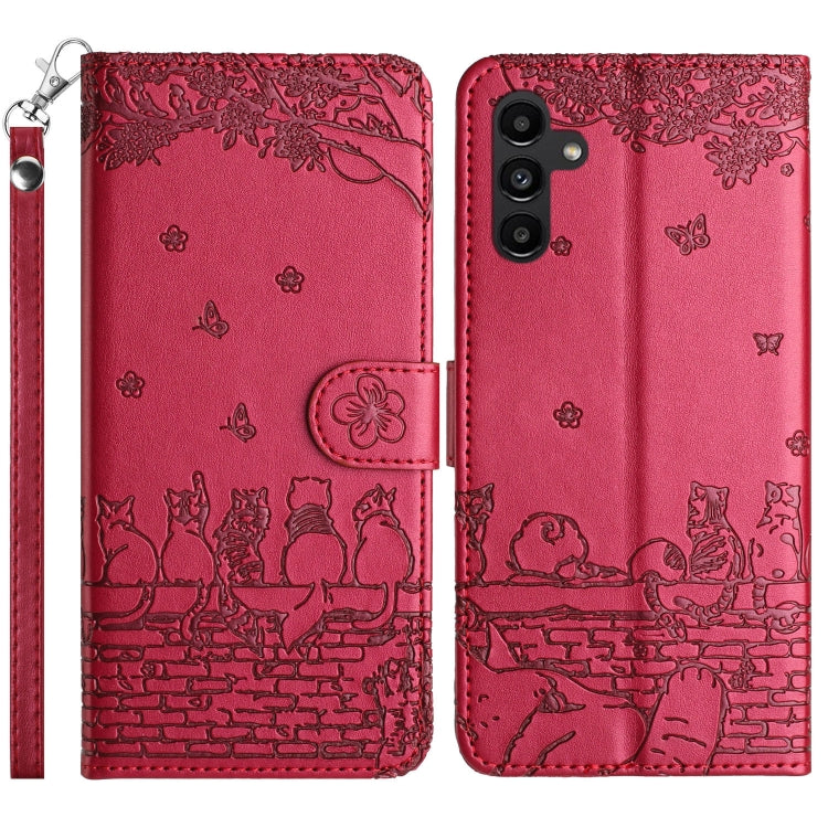 For Samsung Galaxy S25+ 5G Cat Embossing Pattern Leather Phone Case with Lanyard(Red)