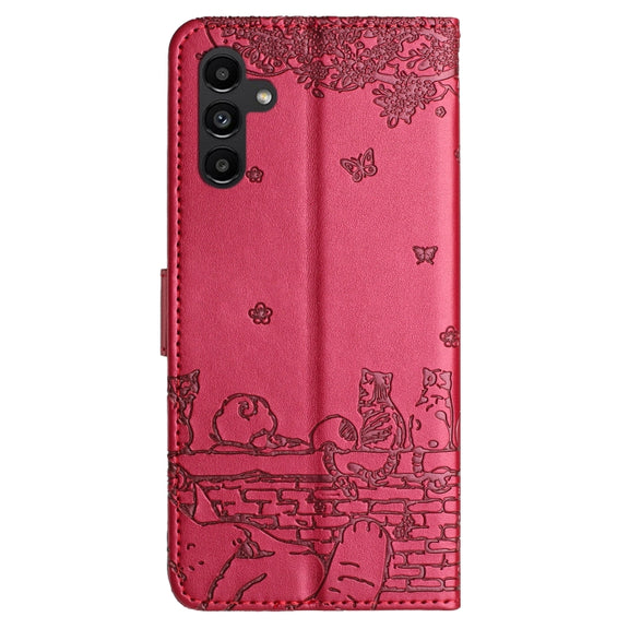 For Samsung Galaxy S25+ 5G Cat Embossing Pattern Leather Phone Case with Lanyard(Red)