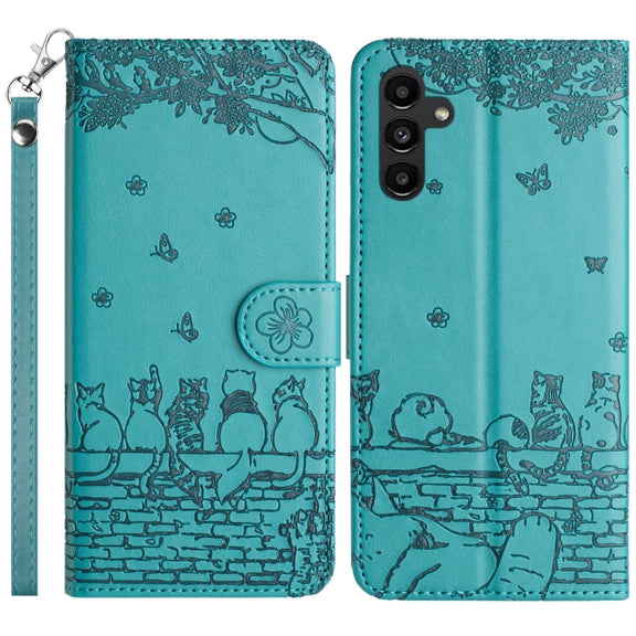 For Samsung Galaxy S25+ 5G Cat Embossing Pattern Leather Phone Case with Lanyard(Blue)