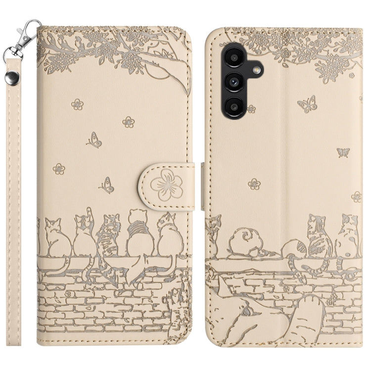 For Samsung Galaxy S25+ 5G Cat Embossing Pattern Leather Phone Case with Lanyard(Beige)