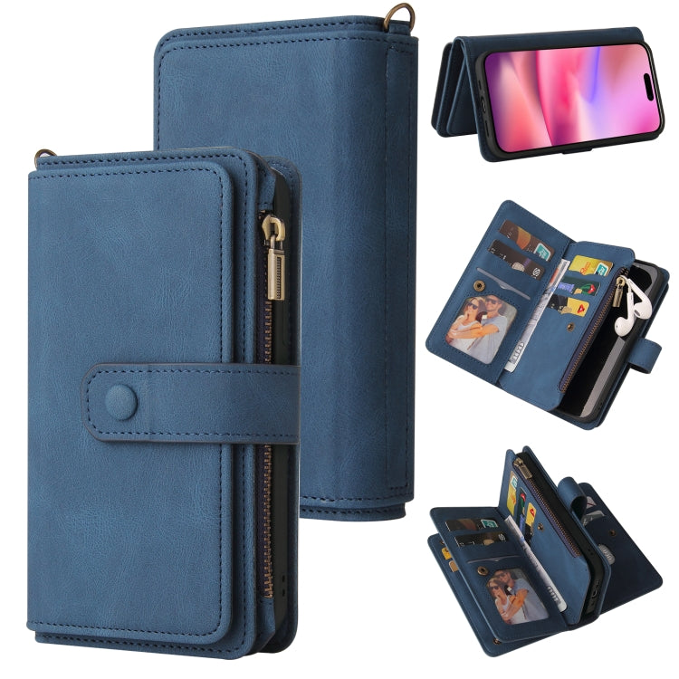 For iPhone 16 Skin Feel Multi Card Slots Zipper Wallet Leather Phone Case(Blue)