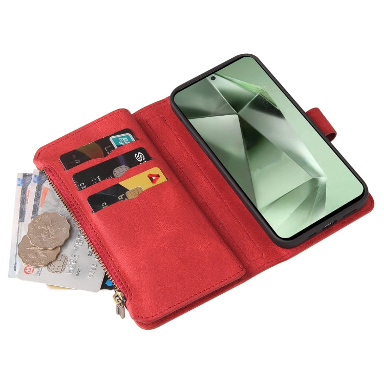 For Samsung Galaxy S24 FE 5G Skin Feel Multi Card Slots Zipper Wallet Leather Phone Case(Red)