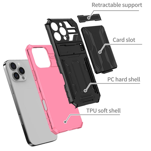 For iPhone 16 Pro Kickstand Armor Card Wallet Phone Case(Pink)