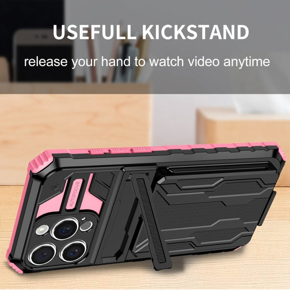For iPhone 16 Pro Kickstand Armor Card Wallet Phone Case(Pink)
