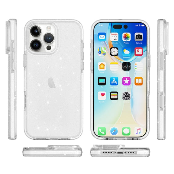 For iPhone 16 Pro Max Dual Color Clear Glitter TPU + TPE Full Coverage Phone Case(Glitter White)