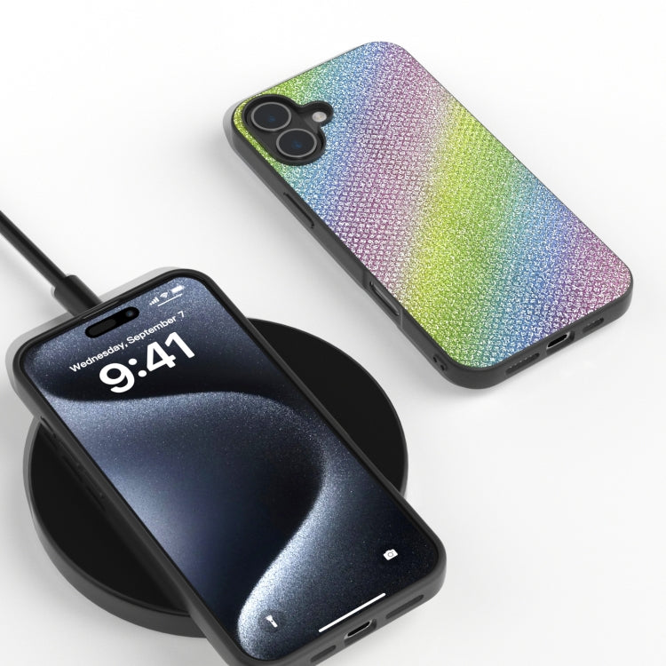 For iPhone 16 Diamond Black Frame Phone Case(Rainbow Diamond)