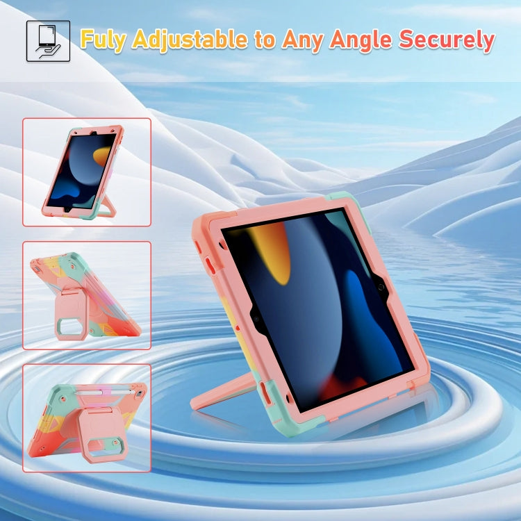 For iPad 10.2 2021 / 2020 / 2019 Legend Grip Holder Silicone Hybrid PC Tablet Case with Strap(Colorful Pink)