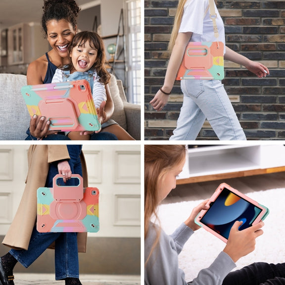 For iPad 10.2 2021 / 2020 / 2019 Legend Grip Holder Silicone Hybrid PC Tablet Case with Strap(Colorful Pink)