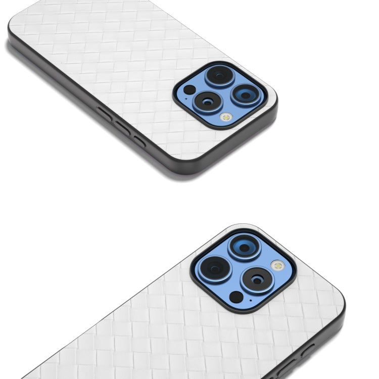 For iPhone 16 Pro Max Black Frame Woven Texture PU Phone Case(White)