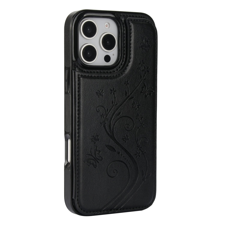 For iPhone 16 Pro Double Buckle Butterfly Embossing PU Phone Case(Black)