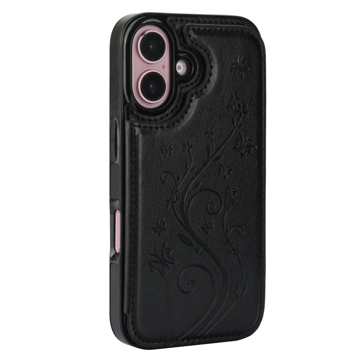 For iPhone 16 Plus Double Buckle Butterfly Embossing PU Phone Case(Black)