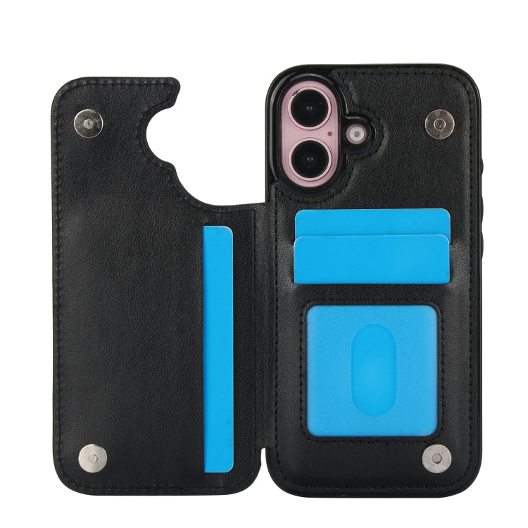 For iPhone 16 Plus Double Buckle Butterfly Embossing PU Phone Case(Black)