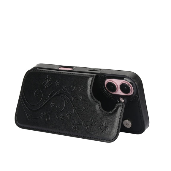 For iPhone 16 Plus Double Buckle Butterfly Embossing PU Phone Case(Black)