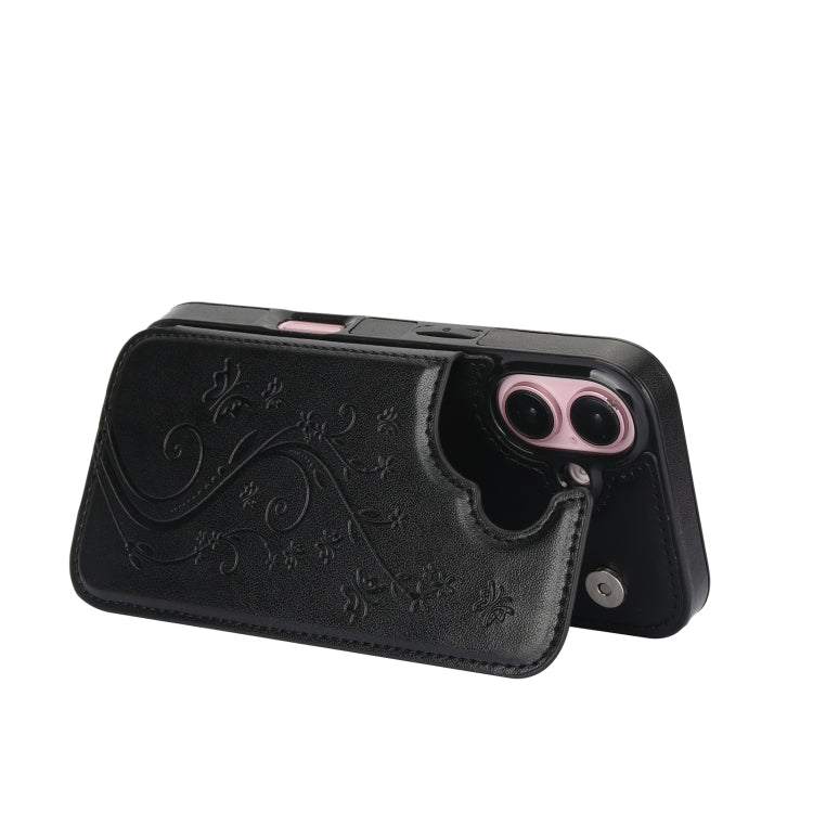 For iPhone 16 Plus Double Buckle Butterfly Embossing PU Phone Case(Black)