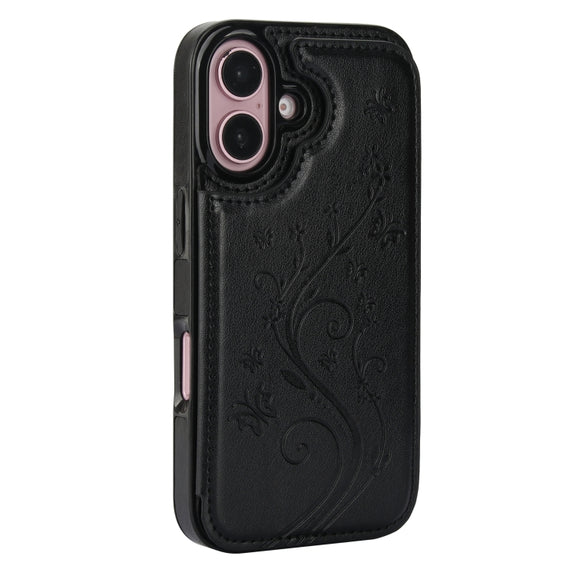 For iPhone 16 Double Buckle Butterfly Embossing PU Phone Case(Black)